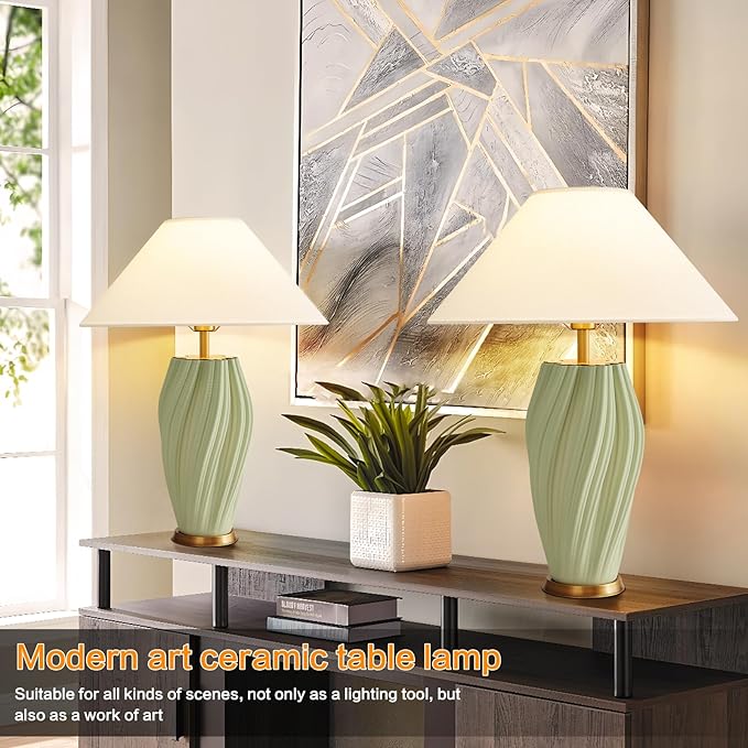 Modern E26 Ceramic Table Lamps 20.5", Sage Green Plug in Table Lamp Funky Decor for Living Room Desk End Bedroom Bedside Room Office