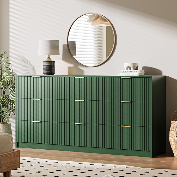 Green Dresser for Bedroom, 9 Drawer Double Dresser, Modern Chest of Drawers for Bedroom, Living Room, Entryway and Closet, 63" L x 15.7" D x 31.5" H
