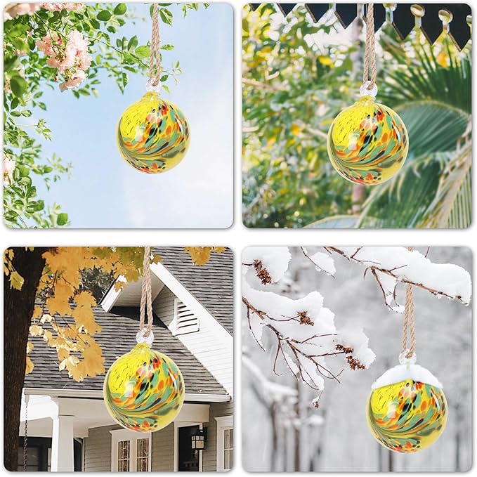 VCUTEKA Hanging Garden Gazing Ball, Hand-Blown Glass Witch Ball for Outdoor Garden Décor, 6" Yellow Swirl