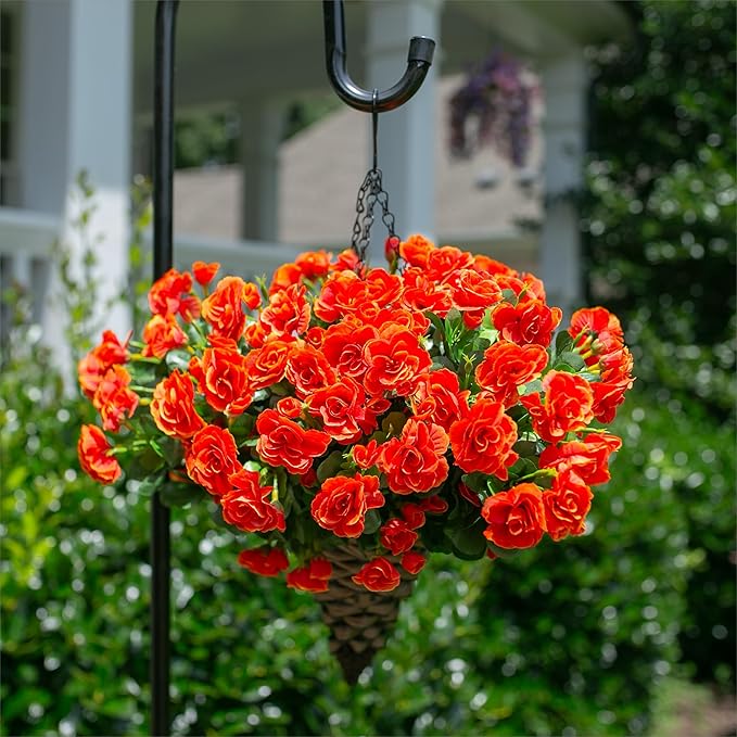 Ivydale Artificial Faux Fall Flowers Plants for Outdoor Outside, Fake Silk Orange Camellia UV Resistant Look Real for Autumn Planter Porch Patio Balcony Garden Yard Decoration, 3 Large Bundles