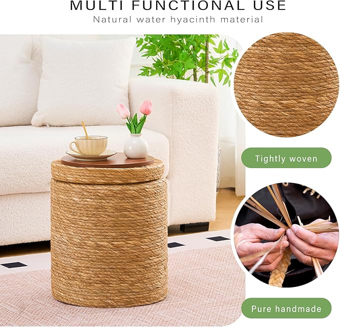 Wimarsbon Round Pouf Ottomans, Handwoven Natural Water Hyacinth Seagrass Pouffe,Outdoor Rattan Stool Accent Seat, Bohemian Coastal Home Decor (Storage - 14inch Natural Cattail)