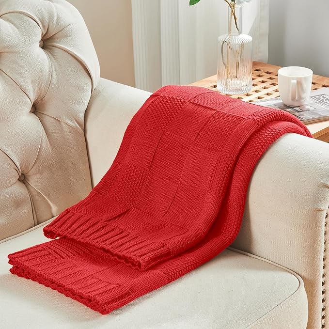 CozeCube Knit Throw Blanket,Christmas Red Checkered Bedroom Blanket for Couch,Soft Cozy Warm Knitted Blanket for Bed Sofa Living Room,Decorative Spring Fall Throw Blanket 50"X60",Christmas Red
