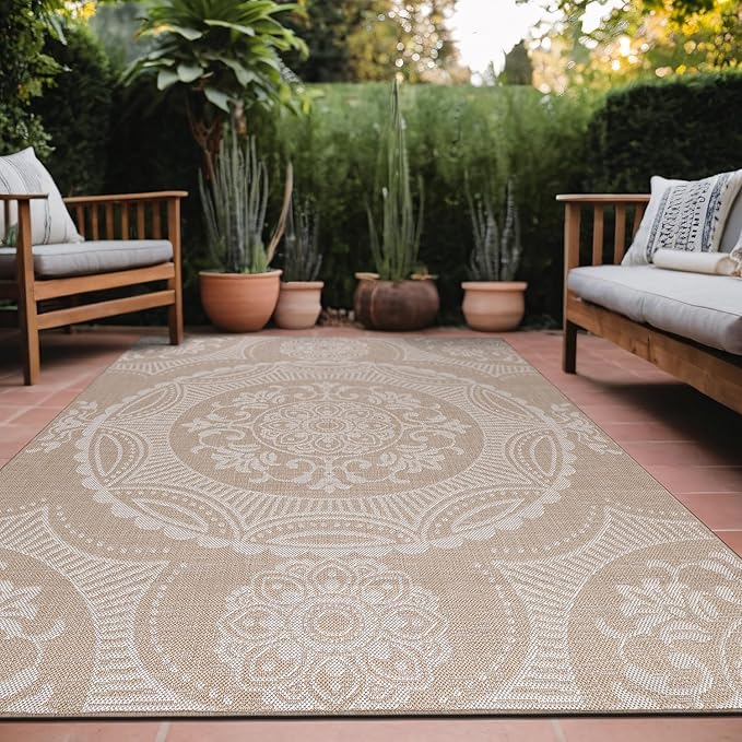 Medallion Outdoor Rug 5x7 Washable Outside Carpet for Indoor Patio Porch Waterproof Easy Cleaning Non Shedding Area Rugs Beige 5 x 7