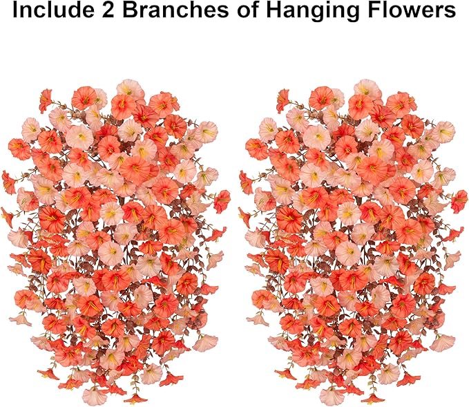 Ivydale Artificial Faux Mums Fall Flowers for Outdoor Outside Decoration, 2 PCS Fake Hanging Flowers Silk Morning Glory Plants with Eucalyptus for Home Garden Decor (Fall Orange+Light Orange)