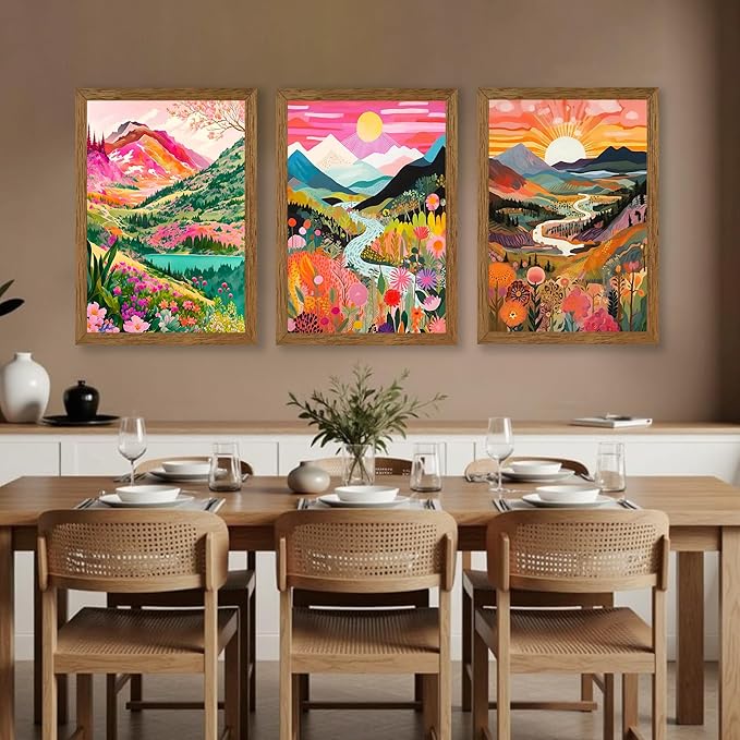 DUWQU 3 piece Colorful Watercolor Mountain Canvas Wall Art Boho Floral Painting Picture Wall Decor Abstract Nature Landscape Poster Print Artwork for Living Room Bedroom Office 16x24 Inch Wood Frames
