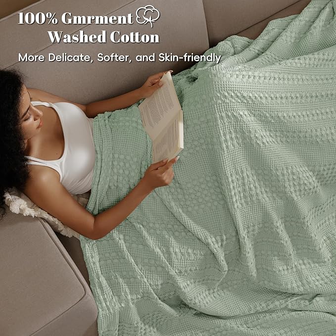 PHF 100% Cotton Waffle Weave Blanket King Size, Soft Lightweight Breathable Cozy Summer Blankets for Bed, Luxury Aesthetic Woven Bedding for Home Decor, 108"x90", Sage Green