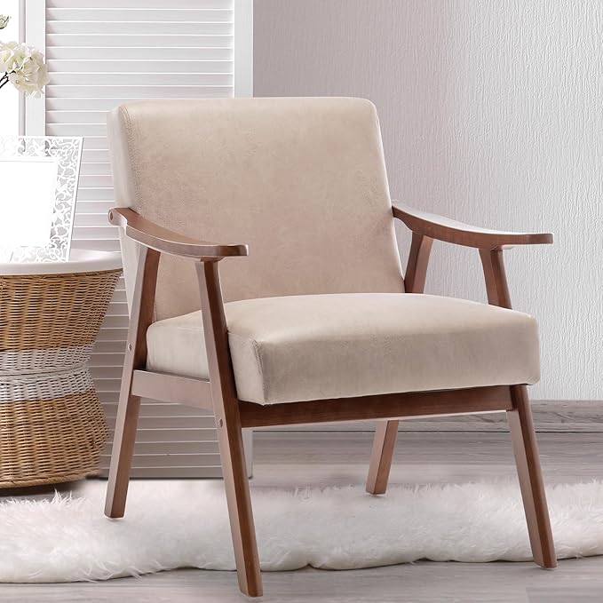 Furnimart Beige Accent Chair, Mid Century Modern Living Room Chair with Wood Frame, Comfy Armchair Wingback Chair for Office Study Vanity Bedroom Waiting Room