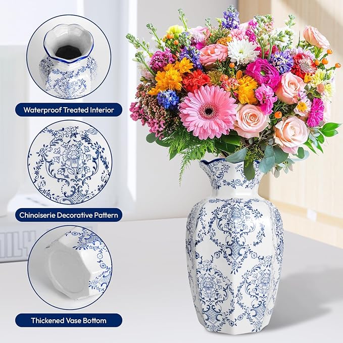 Chinoiserie Vase,9.5 inch Blue and White Vase,Vintage Ceramic Vases,Flower Vase for Centerpiece,Chinese Cute Vases (Blue White, Large)