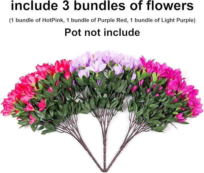 Artificial Flowers for Outdoors, 3 Bundles Fake Silk Azalea Bouquet Faux Flower Plants Outside Decor UV Resistant Realistic Colorful Fake Flowers for Planter Front Door Patio Garden Walkways Home, Mix