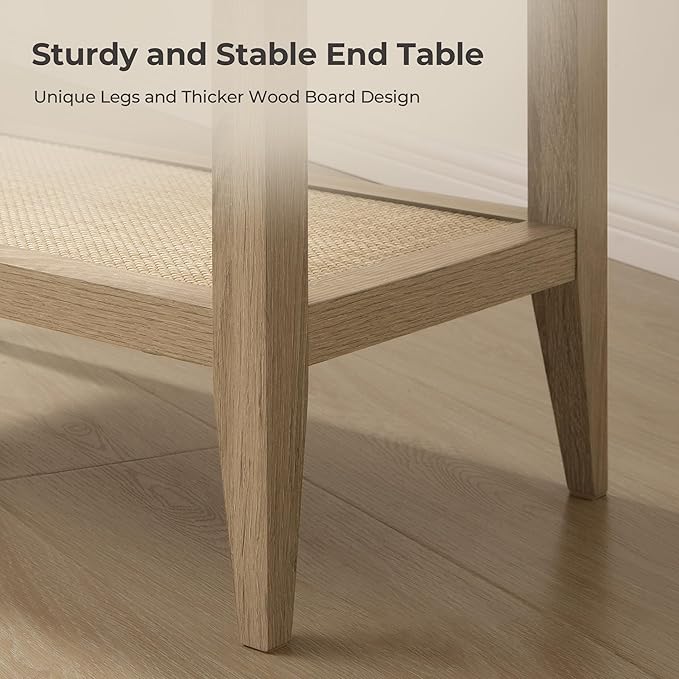 SICOTAS Rattan Nightstands Set of 2 - Boho Shelf Bedside Tables Narrow End Table Living Room Set of 2 Side Table with Rattan Storage Shelves for Small Space - Light Oak