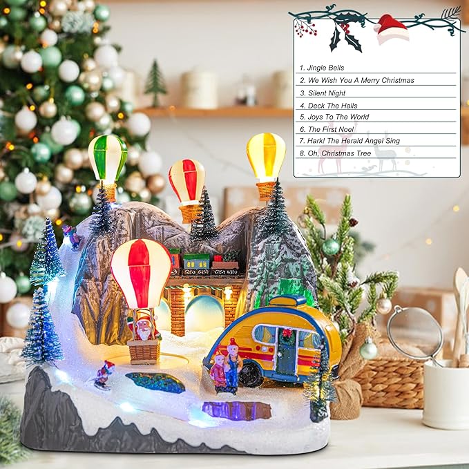 Christmas Village Collectible Buildings Christmas Village Houses Hot Air Balloon with LED Lights Musical USB Indoor Display Figurines Xmas Decoration