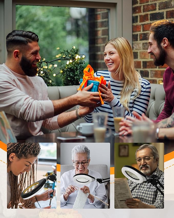 Magnifying Glass with Light, 10X & 5X Real Glass & Anti-Glare Lens, 5 Color Mode Stepless Dimmable LED Desk Magnifying Lamp, Hands-Free Desk Lamp with Clamp for Crafts Reading Repair Hobby (Yellow)