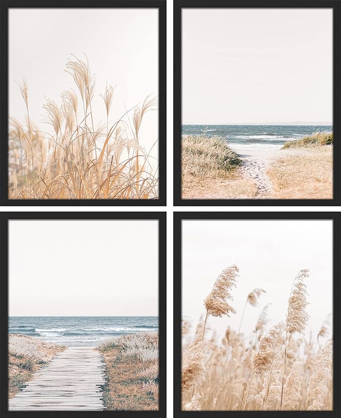 SIGNWIN Framed White Pampas Grass Beach Ocean Shore Horizon Wall Art, Set of 4 Landscape Colorful Wall Decor Prints, Nature Wilderness Wall Décor for Living Room, Bedroom - 11"x14" Black