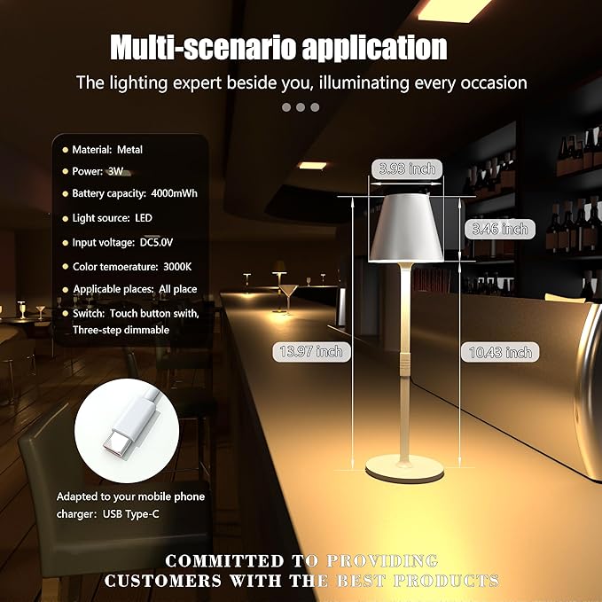 Modern LED Cordless Table Lamp, 4000mAh Rechargeable Battery, 3 Level Brightness Night Light, Metal Shell, Minimalist Design, for Couples Dinner/Coffee Table/Restaurant/Bedroom, White