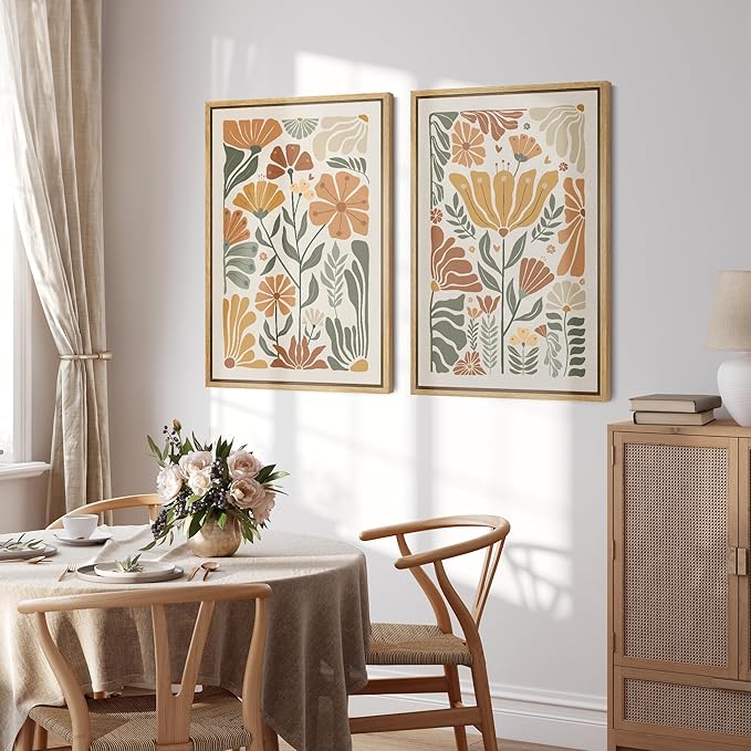 SIGNFORD Framed Canvas Print Wall Art Set Vintage Flower in Pastel Illustration Modern Art Decorative Nordic Nature for Living Room, Bedroom, Office - 16"x24"x2 Natural