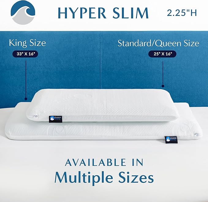 Bluewave Bedding Hyper Slim Gel Memory Foam Pillow for Stomach and Back Sleepers - Thin, Flat Design for Cervical Neck Alignment and Deeper Sleep (2.25-Inches Height, Standard Size)