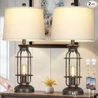 28" Vintage Table Lamps for Living Room, Industrial Farmhouse Table Lamp with USB C+A Ports & Outlet, Rustic Nightstand Bedside Lamps with 2 Night Light for Bedroom End Tables Bronze, 4 Bulbs Included