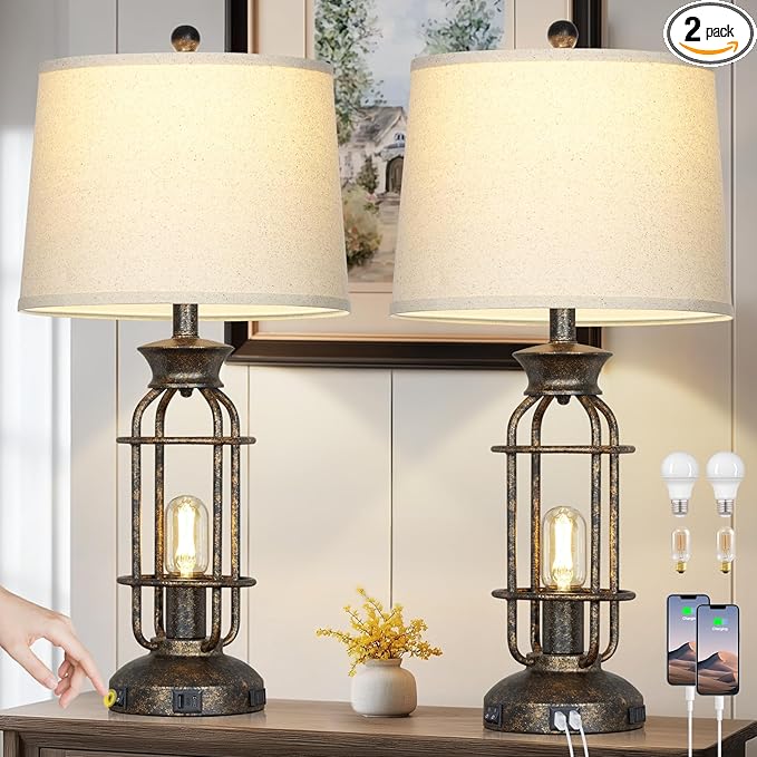 28" Vintage Table Lamps for Living Room, Industrial Farmhouse Table Lamp with USB C+A Ports & Outlet, Rustic Nightstand Bedside Lamps with 2 Night Light for Bedroom End Tables Bronze, 4 Bulbs Included