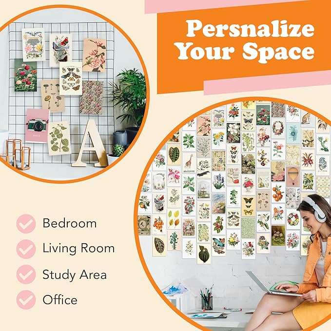 Artivo Wall Collage Kit Aesthetic Pictures, Vintage Wall Collage Kit 100 set 4x6, Bedroom Decor for Teen Girls, Botanical Flower Collage Kit for Wall Aesthetic Posters, Photo Collection