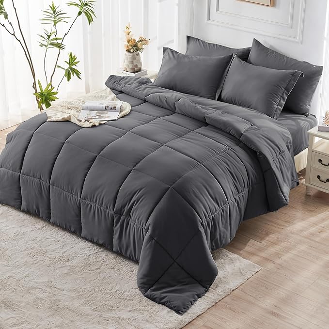 JOLLYVOGUE Queen Comforter Set, Ultra-Soft Bed in a Bag Queen Size 7 Pieces, Oeko-TEX Certified Bedding Set with Down Alternative Comforter, Sheets, Pillowcases & Shams, Dark Grey