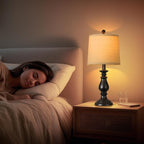 QiMH Farmhouse Table Lamp Set of 2, Rustic Table Lamps for Living Room, Vintage Nightstand Lamp with Rotary Switch, Beside Lamps for Bedroom, Traditional Table Lamps with Linen Shade, Matte Black