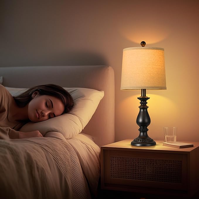 QiMH Farmhouse Table Lamp Set of 2, Rustic Table Lamps for Living Room, Vintage Nightstand Lamp with Rotary Switch, Beside Lamps for Bedroom, Traditional Table Lamps with Linen Shade, Matte Black