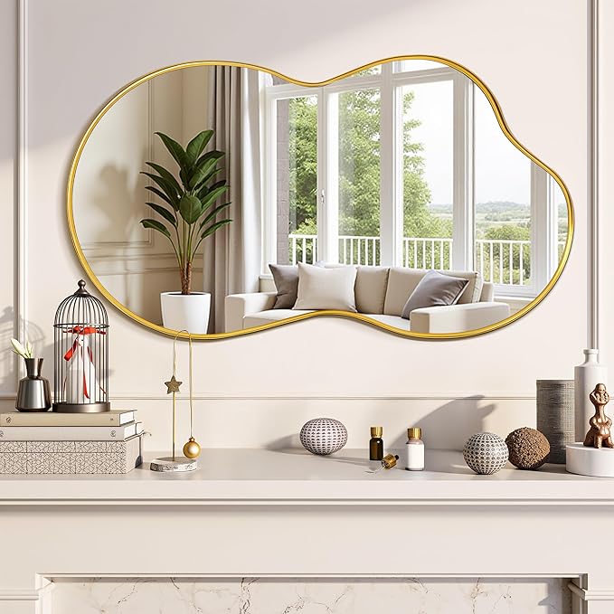 Suidia Irregular Wall Mirror, 36"x20" Bathroom Mirror Asymmetrical Mirrors Artistic Mirrors Decorative for Living Room Bedroom Bathroom Hallway Entryway, Gold, Cloud Style