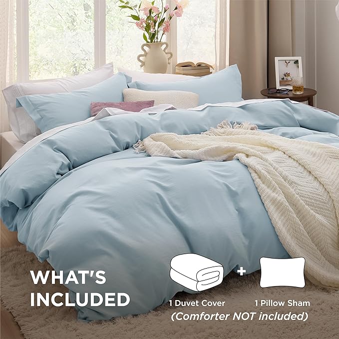 Bedsure Sky Blue Duvet Cover Twin/Twin XL Size - 2 Pieces Prewashed Cotton-Like Extra Soft Bedding Set, Includes 1 Twin Duvet Cover 68x90 Inches with Zipper Closure & 1 Pillow Sham, No Comforter