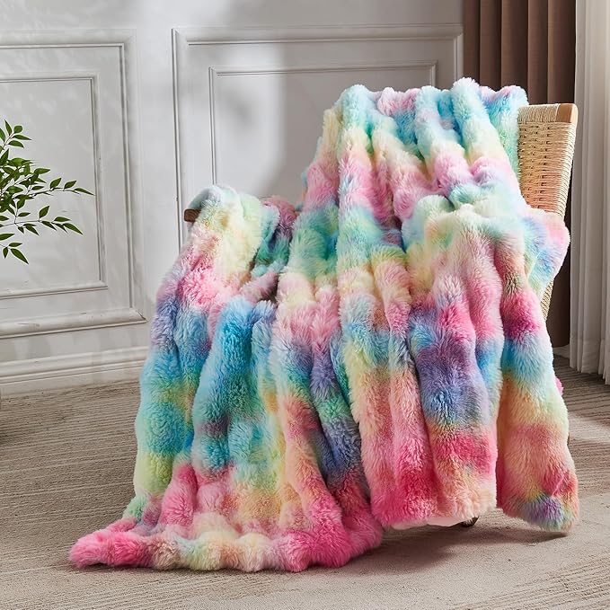 Lotus Karen Queen Size Faux Fur Blanket Rainbow - Big Bubble Rabbit Fluff Blanket for Bed, Large Fluffy Fuzzy Cozy Blanket, Thick Furry Plush Shaggy Blankets, 90x90 Inches
