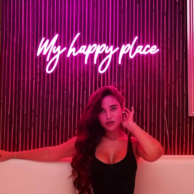 Kavaas My Happy Place Neon Signs 16.9" x 5.9", Pink LED Light Up Signs for Wall Decor | My Happy Place Sign for Girls Bedroom, Bar, Office, Dorms