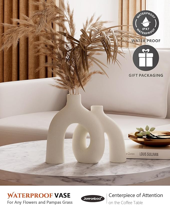 Hug Donut Decorative Vase Set - Modern Nordic Boho Style Vases Home Decor, Matte Ceramic Decorations for Living Room Shelf, Bookshelf Mantle Entryway Table or Console Décor (Cream White)