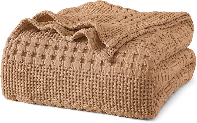 PHF 100% Cotton Waffle Weave Blanket Twin Size, Soft Lightweight Breathable Cozy Summer Blankets for Bed, Luxury Aesthetic Woven Bedding for Home Decor, 66"x90", Camel
