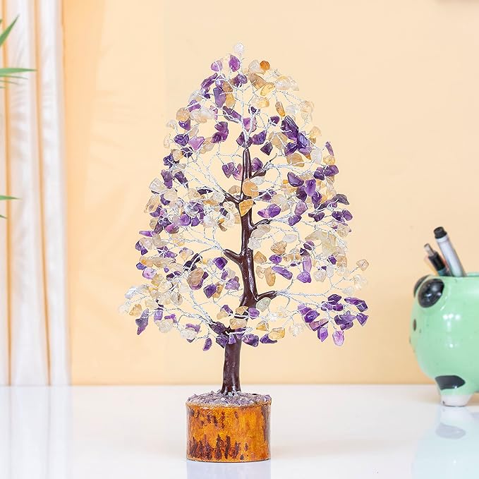 Amethyst & Citrine Crystal Tree of Life - Chakra Tree for Positive Energy, Handmade Gemstone Feng Shui Decor - Good Luck Money Bonsai, Healing Crystals Decoration Ornament, Spiritual Gift