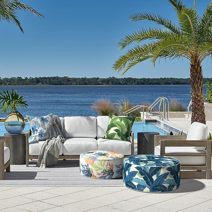 LVTXIII Indoor/Outdoor Inflatable Ottoman, D31 x H14 Inch Large Round Ottoman, All Weather Foot Rest Stool, Portable Footrest for Patio, Garden, Camping and Home - Swaying Palms Blue