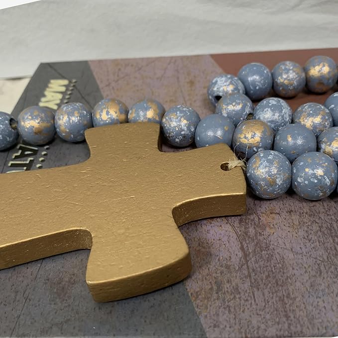 Fenisam 40" Handmade Farmhouse Bead Garland Wood with Tassel, Boho Chic Decorative String Beads Home Décor, Table Tiered Tray Country Wooden Accents (Ocean Mist Gold, Small)