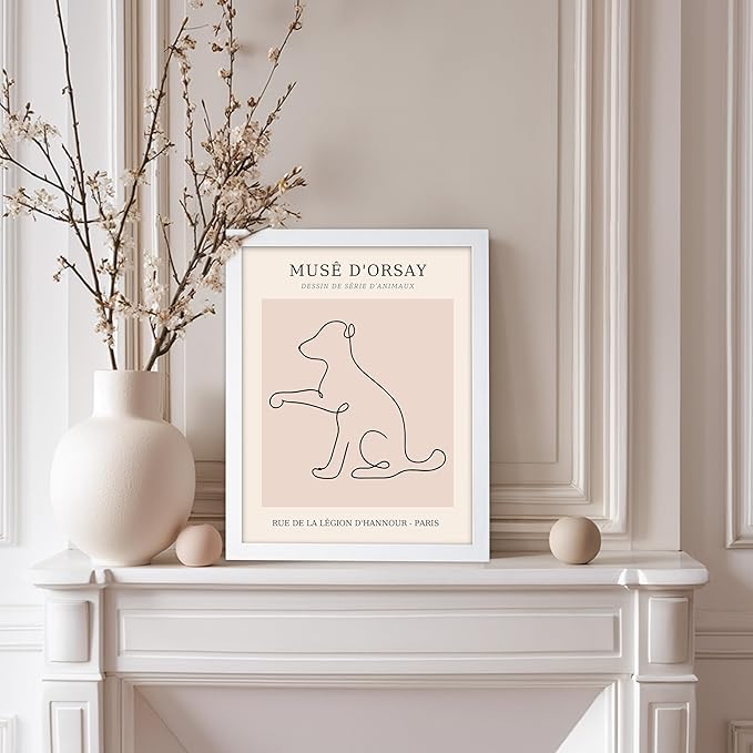Poster Master Vintage Poster - Retro One Line Dog Drawing Print - Dog Art - Minimal Gift for Men, Women, Animal Lover - Abstract Wall Decor for Home, Office, Bedroom, 11x14 White Framed