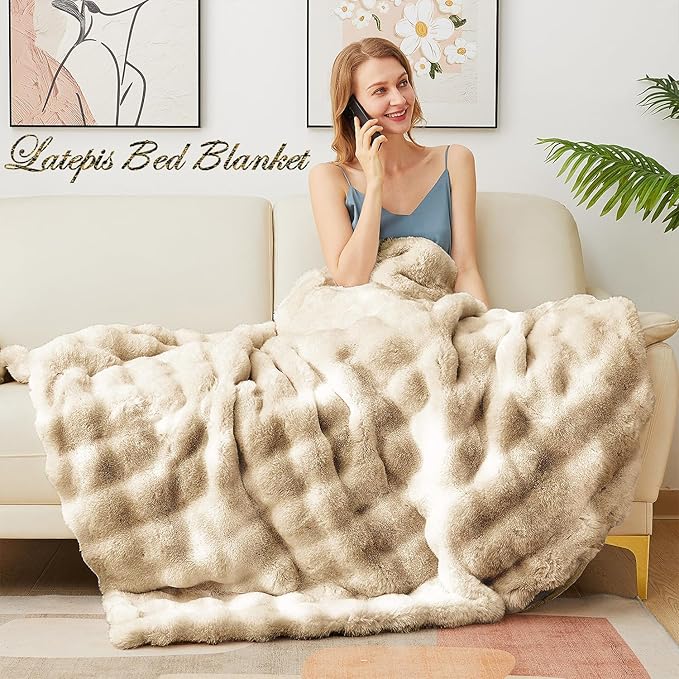 Latepis Soft Luxury Faux Fur Bubble Blanket, Thick Warm Cozy Twin Blankets for Couch, Plush Fluffy Blankets for Sofa and Bedroom, Fuzzy Blanket for Women Gift, 60” x 80”, Tie-dye Camel, 860GSM