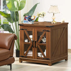 Farmhouse End Table with Charging Station, 24" Large Sofa Side Table with Glass Barn Door, Green Nightstand with Adjustable Storage Shelf, Wood Square Bedside Table for Living Room, Bedroom