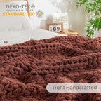 Chunky Knit Blanket Throw, 100% Hand Knit Throw Blanket Handmade Chenille Cable Knit Throw for Couch, Stylish Cozy Soft Rope Knot Crochet Blanket for Home Decor, Copper Brown, 60x80 Inches