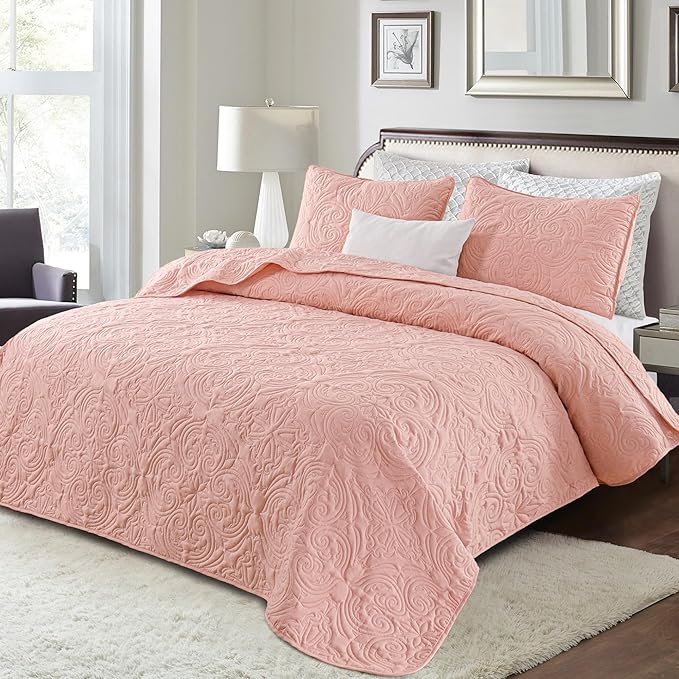 Exclusivo Mezcla Quilts King Size Bedspread with 2 Pillow Shams, Lightweight Blush Pink King Quilt Bedding Set with Vintage Damask Pattern, Soft Bedspreads Coverlets for All Seasons
