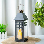 TRIROCKS Decorative Vintage Candle Lanterns 15.5" H Farmhouse Outdoor Hanging Lanterns with Tempered Glass for Porch, Balcony, Patio, Home, Centerpieces, Indoor, Outdoor(Black with Gold top)