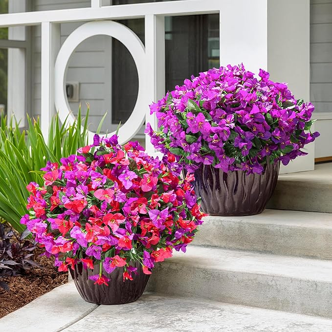 Ivydale Artificial Fake Flowers Faux Plants for Outdoors, 4 Bundles Fake Silk Bougainvillea Flower Look Real UV Resistant Flowers for Planter Patio Porch Window Yard Balcony Home Decor(PurpleHotpink)
