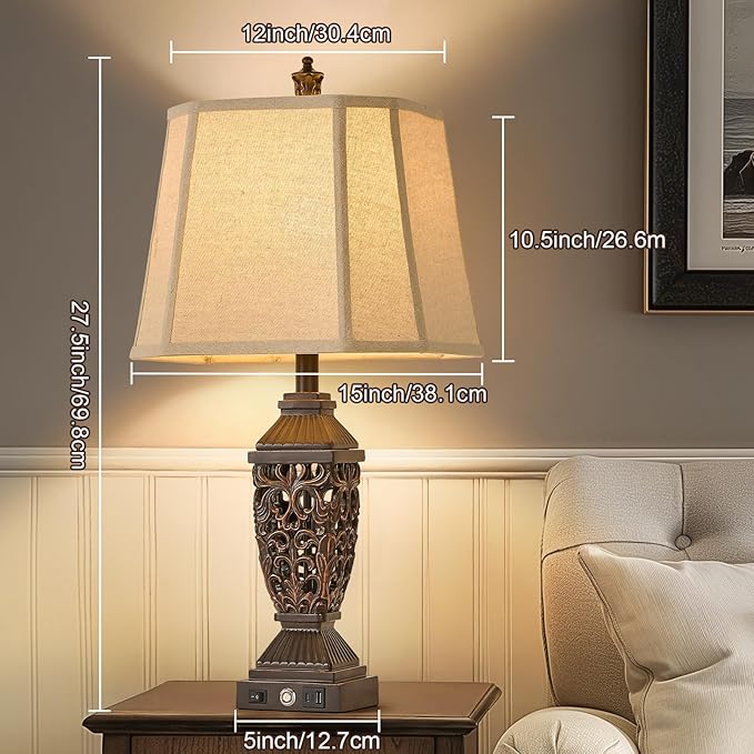 AIDENOEY 27.5“ Farmhouses Table Lamp with USB & USB-C Charging Ports, 3-Color Dimmable & Stepless Bottom Dimming, Touch Control & Switch, Vintage Bedside Lamp for Bedroom Living Room Office,(Brown)
