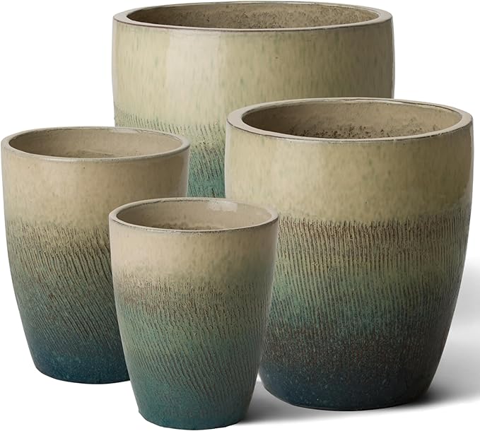 Emissary Bullet 14 in. Bayside Green Ceramic Round Planter (14 in. L x 14 in. W x 15.5 in. H) with Drainage Hole