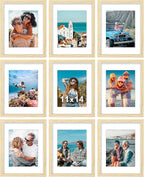 Vittanly 11x14 Picture Frames Set of 9, Shatter Resistant Plexiglass, Display 8x10 Pictures with Mat or 11x14 without Mat, Photo Frames for Wall or Tabletop, Engineered Wood, OAK
