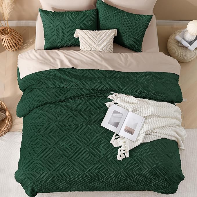 Andency Dark Emerald Green California King Comforter Set, 3 Pieces Boho Tufted Cal King Bedding Set & Collections, Forest Green Oversized Soft Lightweight Bed Set (104x96In, 2 Pillowcases)