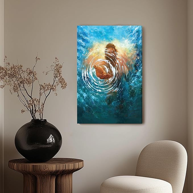 Framed Jesus Christ Canvas Wall Art The Hand of God Jesus Reaching Into Water Christian Painting Prints Biblical Wall Decor Religious Room Decor for Church Prayer Room Schools Hospitals 16" x 24"