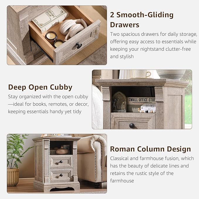 Farmhouse Nightstand with Charging Station, 18" End Table with 2 Drawers Storage and 1 Storage Shelf, Wooden Side Table w/Roman Column, Bedside Cabinet for Bedroom, Living Room, Light Rustic Oak