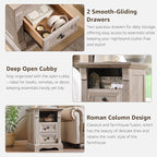 Farmhouse Nightstand with Charging Station, 18" End Table with 2 Drawers Storage and 1 Storage Shelf, Wooden Side Table w/Roman Column, Bedside Cabinet for Bedroom, Living Room, Light Rustic Oak