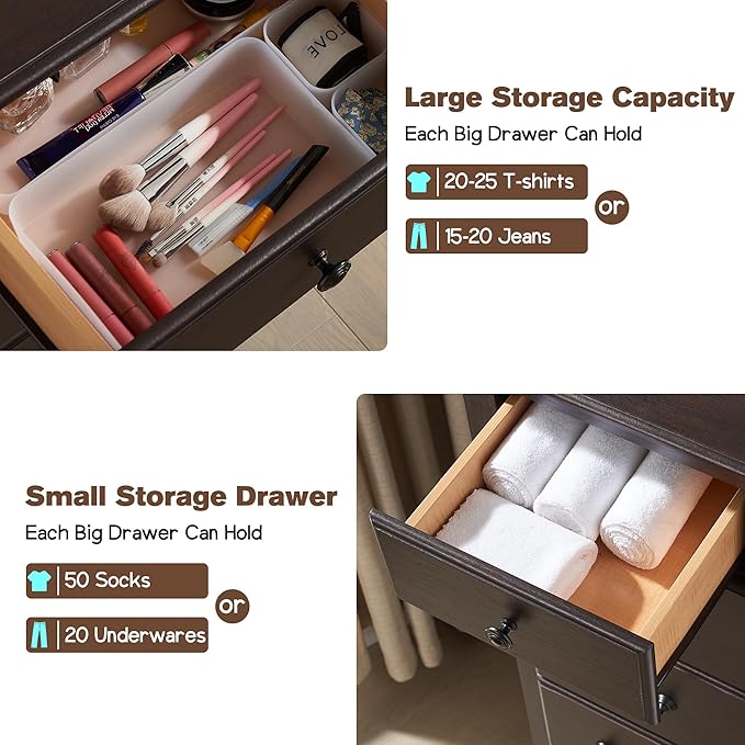 T4TREAM 6 Drawers Dresser Chests for Bedroom, 48" Tall Rustic Chset of Drawers, Wood Dressers Organizer for Bedroom, Living Room,Hallway, Espresso